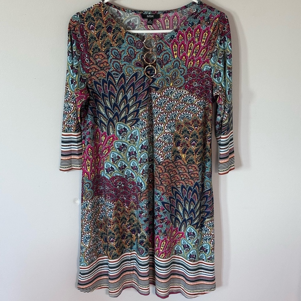 MSK 3/4 sleeve shift dress with a brown peacock/feather print